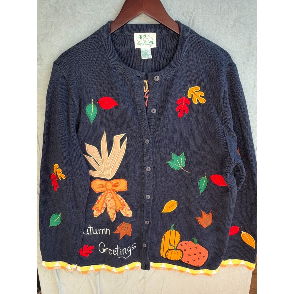 Quacker Factory Autumn Greetings Cardigan Women L Navy Fall Harvest Kitschy Cozy